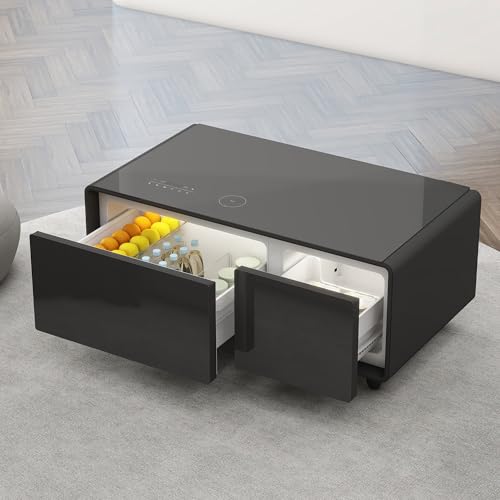 Gagawin Smart Coffee Table with Fridge and Bluetooth, Smart Refrigerator Table with Dual Speakers, 15W Wireless Charger, Touch Control Panel, USB Port, Atmosphere Light and More, LT90 Pro-Black