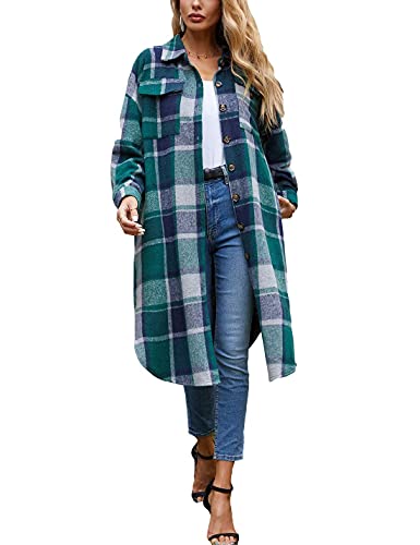 Omoone Women's Flannel Plaid Shacket Fall Oversized Long Button Down Shirt Jacket Shackets