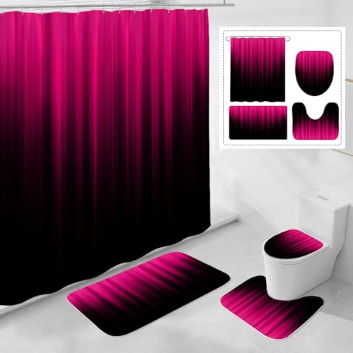 Litabel 4 Pcs Gradient Shower Curtain Set with Rugs and Toilet Lid Cover, Modern Simple Waterproof Fabric Bathroom Set, Ombre Stripe Gothic Abstract Bathroom Decor Set Accessories