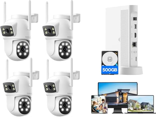 Security Cameras Wireless Outdoor, CAMCAMP Home Security Camera System with 2K Dual Lens Color Night Vision, Auto Tracking, 2-Way Audio, 500GB HDD, 2.4G/5G WiFi & 10CH Expandable NVR