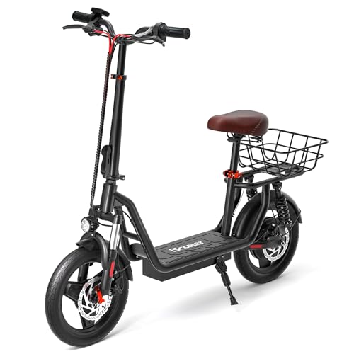 iScooter Electric Scooter with Seat, 34/21 Miles Long Range & 21/15.6 Mph Top Speed, 14"/12'' Pneumatic Tire, Height Adjustable Seat &Handlebar, Dual Suspensions Commuting Scooter with Basket