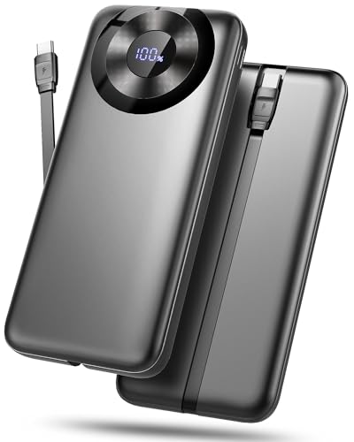 Power Bank 10000mAh, Portable Charger Fast Charging USB C in&Out 5V/3A with Built in Cable, Travel PowerBank Battery Pack, 4 Output Battery Bank for iPhone 16 15 14 13 Samsung iPad Tablet and More