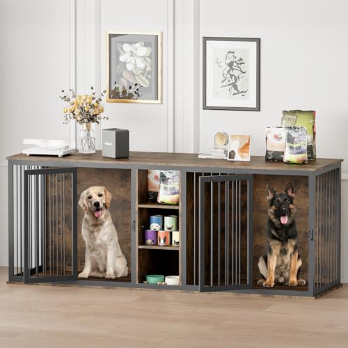 Dog Crate Furniture for 2 Dogs, 80.7" Large Dog Kennel Furniture with Dividers and Double Doors, All Steel Frame Double Dog Crate