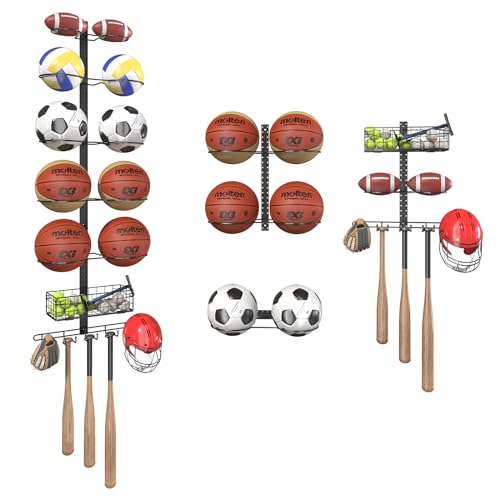 7/8 Tier Detachable Wall Mounted Basketball Rack, Vertical/Horizontal Football Holder, DIY Hooks Football Stand, Height-Adjustable Multifunctional Ball Rack with Basket for Garage,Tool Room,Bedroom