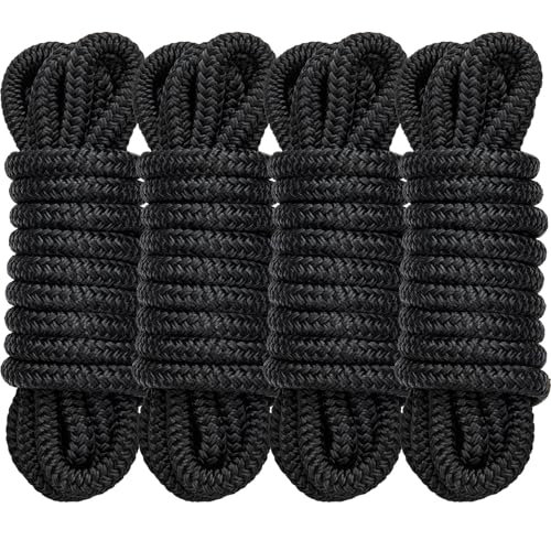 4 Pack 1/2" x 15’ Boat Dock Lines for Boat & Pontoon, Premium Marine- Grade Double Braided Nylon Dock Line, Pre-Spliced with a 12" Eyelet-Black,Boating Gifts for Men