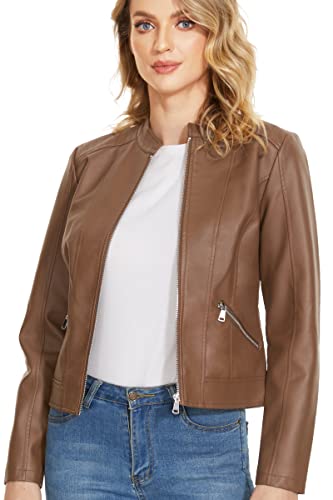 Fahsyee Zip Leather Jackets for Women Motorcycle Faux PU Moto Biker Outwear Coat