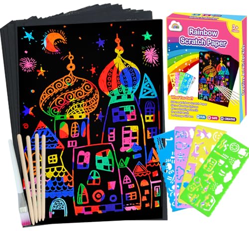 ZMLM Arts Crafts Gifts for Kids: 60PCS Rainbow Scratch Paper Art Gifts for Girls Boys Ages 4-8 8-12, Easter Basket Stuffers for Kids Birthday Toys and Games Activities Gift (Pink)