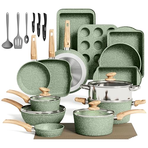 MAISON ARTS 30-Piece Pots and Pans Set - Kitchen Cookware & Bakeware Sets with Nonstick Granite Coating, Baking Pans and Frying Pans set