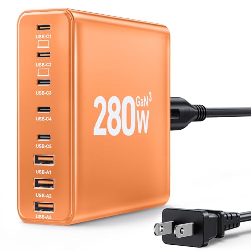 280W USB C Charger Block, 8-Port USB Charging Station GaN III PD 65W Laptop Charger Adapter