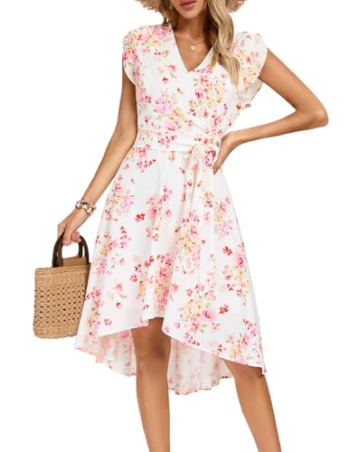 JASAMBAC Women's Floral High Low Dress for Wedding Guest Flowy Bohemian Empire Waist Swing Dress with Belt