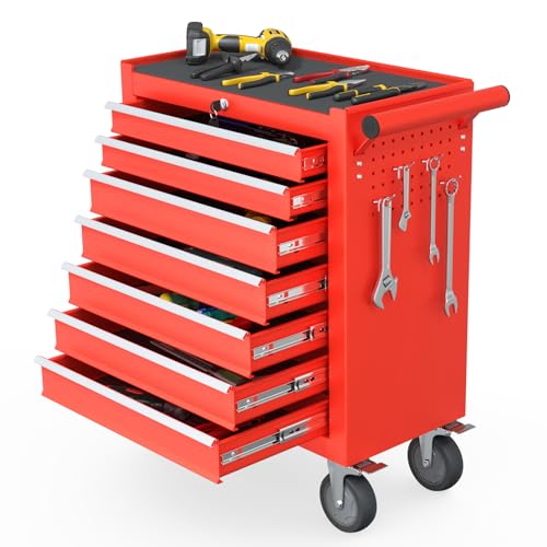 Granper 7-Drawer Tool Chest Tool Box with Wheels, Movable Rolling Tool Chest, High Capacity Tool Chest with Wheels, Heavy Duty Tool Cabinet for Workshop, Garage, Mechanics and Repair Room(Red)