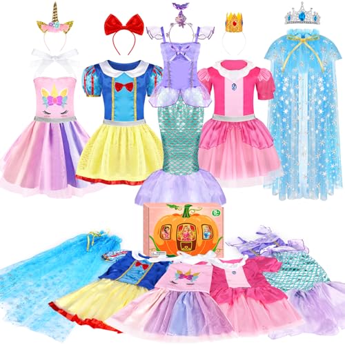 EULRGAUS Princess Dress Up, Dress Up Clothes for Girls 3-6, Cosplay Princess Costume Gift Set with Princess Dresses and Princess Toys, Pretend Play Toddler Girl Toys, Halloween Christmas Birthday Gift