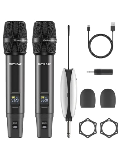 MOYLEAF Wireless Microphones, UHF Metal Dual Handheld Cordless Dynamic Mic System with Rechargeable Receiver, 1/4 "Output for Karaoke Singing, Wedding, DJ, Party, Speech, Church, Class Use, 240ft