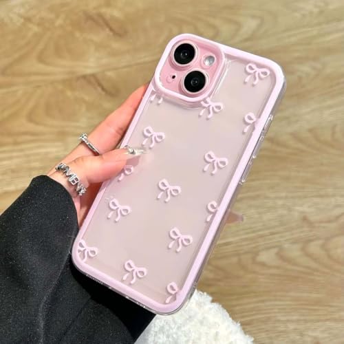 EYZUTAK Case for iPhone 13, Clear Cute Ribbon Bowknot Pattern Aesthetic Transparent Phone Case Raised Camera Protection Stylish Slim Soft Durable TPU Protective Cover for Women Girls - Pink