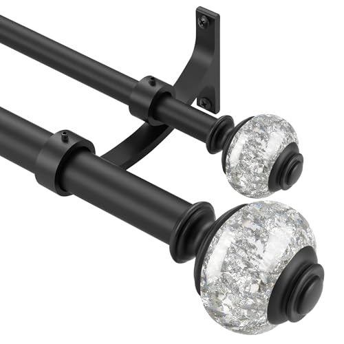 Double Curtain Rods for Window, 1” Diameter Heavy Duty Dual Drapery Rod with Beautiful Crystal Finials, Fantastic Decoration for Bedroom, Living Room, Kitchen, Patio