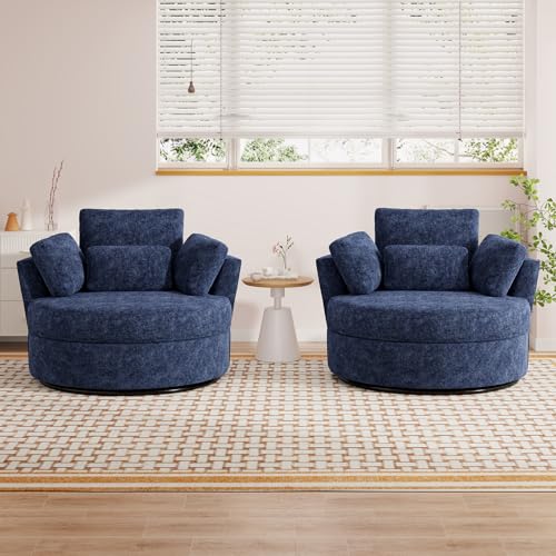 JEEOHEY Oversized Swivel Accent Barrel Chair, 42'' W Chenille Upholstered Comfy Round Swivel Chair with Pillows, 360 Degree Modern Lounge Reading Sofa Armchair for Nursery, Living Room, Bedroom