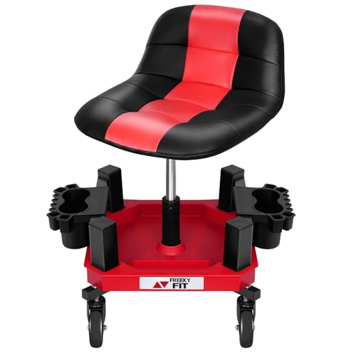 FreekyFit Rolling Stool with Wheels, Adjustable Shop Stool Mechanic Chair Seat Garage Shop Roller Work Chair Mobile Rolling Seat with Tool Tray, 2 Cup Holders, 4" Casters, 350 LBS, Heavy-Duty