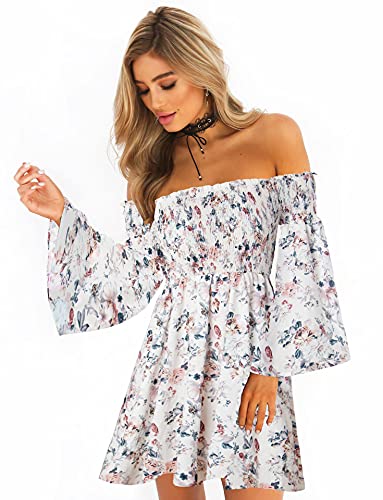 ONEYIM Women's Dress Summer Floral Long Sleeve Off Shoulder Casual Mini Dresses