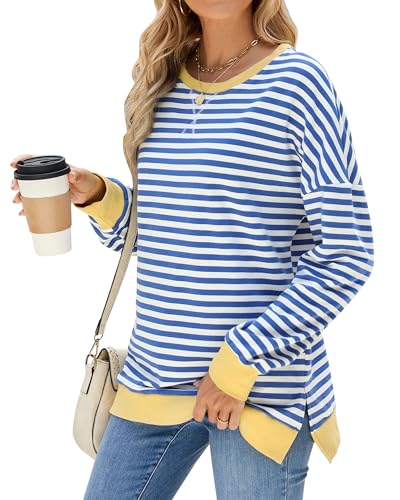 Fashionme 2025 Womens Striped Color Block Tunic Tops Side Slits Spring Long Sleeve T-Shirts Sweatshirt Crewneck Loose Trendy