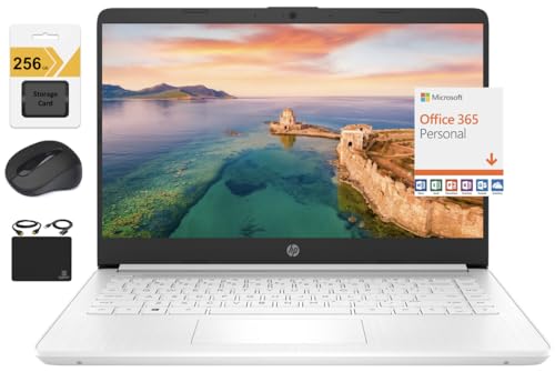 HP New 14" HD Ultral Light Thin Laptop, Quad-Core Intel Celeron Processor, 16GB RAM, 320GB (64GB eMMC+ 256GB SD), Wi-Fi, Upto 11 Hours, Windows 11 S + 1 Year Office 365+HubxcelAccessory, White