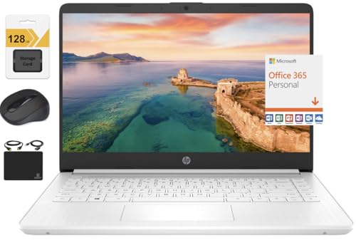 HP New 14" HD Ultral Light Thin Laptop, Quad-Core Intel Celeron Processor, 8GB RAM, 192GB (64GB eMMC+ 128GB SD), Wi-Fi, Upto 11 Hours, Windows 11 S + 1 Year Office 365+HubxcelAccessory, White