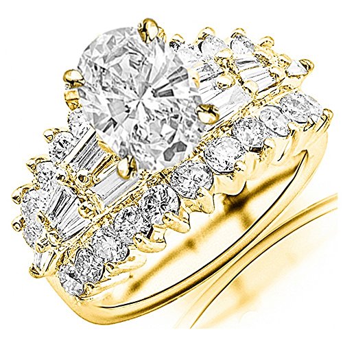 Houston Diamond District 2.75 to 7 Carat LAB GROWN Diamond Exquisite Prong Set Bageutte And Round Oval Cut Diamond Engagement Ring (E-F Color VS1-VS2 Clarity) 14K Yellow Gold 7 Carat Size-7