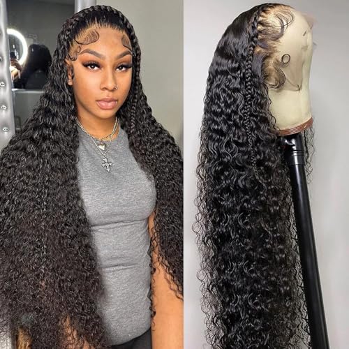 QKOQKO 13x6 Water Wave Lace Front Wigs Human Hair Wigs 10A 30 Inch 250 Density HD Transparent Wet and Wavy Lace Front Wigs Human Hair Glueless Deep Curly Lace Frontal Wigs Pre Plucked for Women