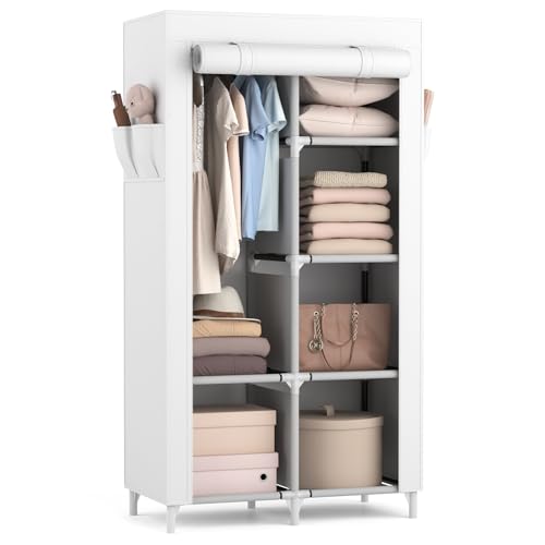 ROJASOP Portable Closet Wardrobe Closet for Hanging Clothes with 6 Storage Shelves, 1 Hanging Rod and 4 Pockets, Free Standing Closet Clothes Organizer for Bedroom, Sturdy and Easy Assemble
