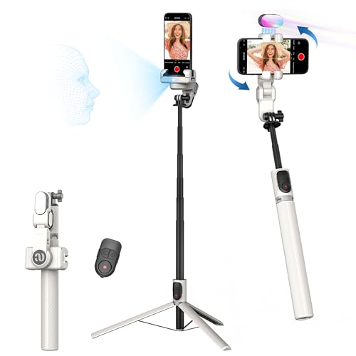 AOCHUAN Auto Face Tracking Tripod 360 Rotation w/Remote Control,Single-axis Phone Gimbal for iPhone Android w/RGB Light,Phone Tripod Follow You for Video Recording,TikTok Vlogging(M2Pro White)