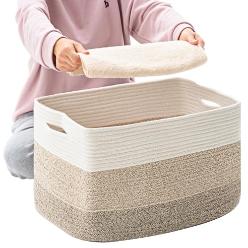 ICERZCZ Extra Large Blanket Basket Living Room, Rectangle Storage Baskets for Organizing, Woven Baskets for Storage, Cotton Rope Basket for Toys Blankets, Large Laundry Hamper