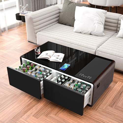 Gagawin Smart Coffee Table with Fridge and Bluetooth, Smart Refrigerator Table with Dual Speakers, 15W Wireless Charger, Control Panel, Outlet Protection, USB Port, Atmosphere Light, LT135 Pro-Brown