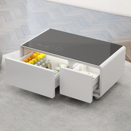 Gagawin Smart Coffee Table with Fridge and Bluetooth, Smart Refrigerator Table with Dual Speakers, 15W Wireless Charger, Touch Control Panel, USB Port, Atmosphere Light and More, LT90 Pro-White