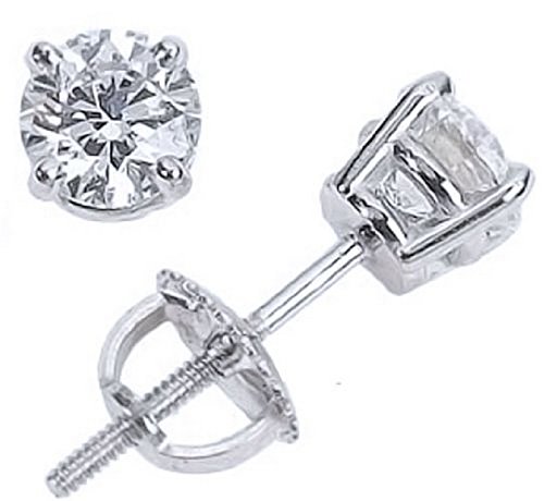 Houston Diamond District 1 to 2 Carat Solitaire Diamond Stud Earrings for Women Round Brilliant Shape 4 Prong Screw Back (J-K Color, VS2-SI1 Clarity) 18K White Gold 2 Carat