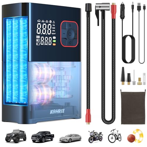 Kohree Tire Inflator Portable Air Compressor, 4X Faster Dual Cylinder Air Pump for Car Tires, Pickup Trucks & Large Tires, 150 PSI & 20000mAh Cordless Electric Air Pump with Pressure Detection