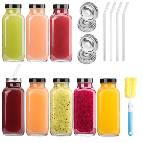Glxgow Glass Juice Bottles with Lids & Labels, Reusable Travel Juice Storage Containers