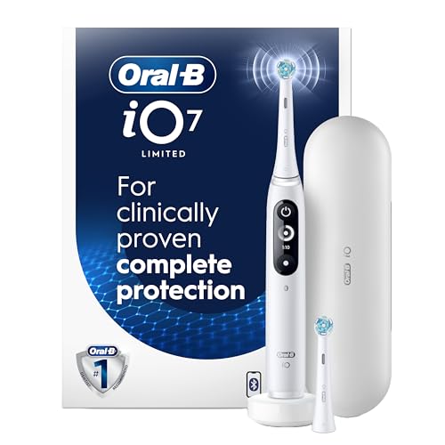 Oral-B Rechargeable Electric Toothbrush, iO7 Limited Deep Clean + Protect, 5 Cleaning Modes, Interactive Display, Visible Pressure Sensor, 2 Brush Heads, Charging Travel Case, White
