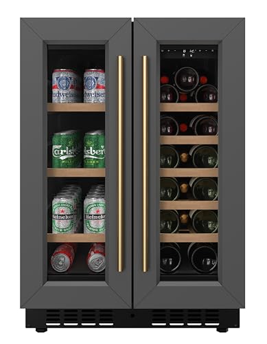 KoolMore Reserve 24 in. French Door Dual Zone Panel Ready Under-Counter Cooler with Wooden Shelves and 20 Bottle Capacity in the Right Zone and 2.1 Cu. Ft. on the Left in Black (KM-CWB24-WPR)