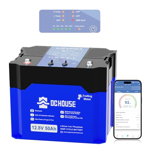 DC HOUSE 12V 50Ah 2.0 Trolling Motor LiFePO4 Battery, 75A BMS, DC & USB-C Port, Marine Battery w/SOC Status Indicators, Bluetooth & L/Temp Cut-Off, Group 47 Replace Trolling Motor Box for 30-65 lbs