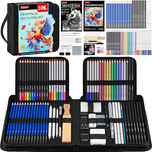 106 Pack Drawing Set Sketching Kit, Pro Art Supplies with 3-Color Sketchbook, Coloring Book, Charcoal, Metallic, Colored, Watercolor, Graphite Pencils, Drawing Supplies Gifts for Artists Adults Kids