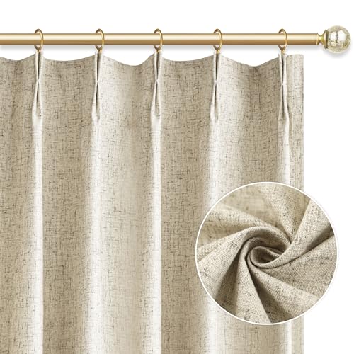 Linen Pinch Pleated Curtains 84 Inch Length 2 Panels 100% Blackout Linen Curtains for Living Room Bedroom Back Tab Room Darkening Two Pages Pinch Pleat Drapes with Hooks
