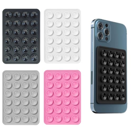 iLamvie 4 PCS Phone Suction Pad, Suction Phone Holder, Compatible with Smooth Surfaces, Standard Phone Cases, Ideal for Selfies, Photos, Videos, Includes 4 Colors: Black, White, Gray, Pink