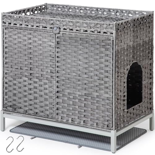 SETVSON Cat Litter Box Enclosure Furniture, Hidden Handwoven Rattan Litter Box with Mat, Large Cat House with Metal Heightened Feet, 30.3 x 18.3 x 28 Inches, Indoor for Living Room, Bedroom
