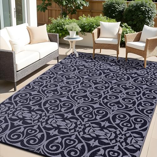 OLANLY Outdoor Rug Waterproof, Large Patio Rug Clearance, Reversible Plastic Straw Rug with Floral Pattern, RV Mat for Patio, Camping, Balcony, Deck, Backyard