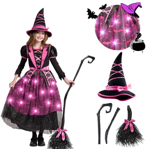 Spooktacular Creations Halloween Witch Costume Kids, Light Up Witch Dress with Hat Broom Girls, Toddlers Bat Set for Parties