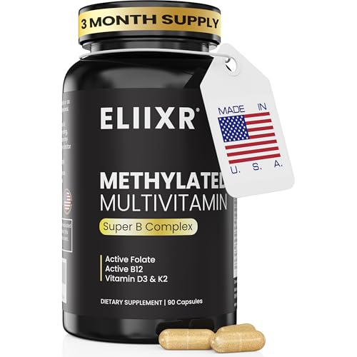 Eliixr Methylated Multivitamin, 3 Month Supply, 90 Capsules,1500 mcg of Active Folate, Methylated B12, Vitamin A, C, K2, D3, E, Choline, Biotin, ALA, CoQ10, B-Complex and More. Made in The USA