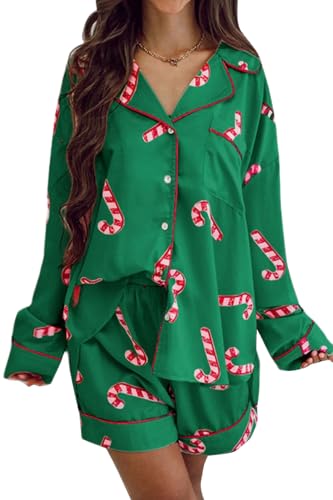 Women Christmas Pajamas Shorts Set Santa Claus Pjs Long Sleeve Button Down Shirt+Pants 2 Piece Xmas Jammies Loungewear