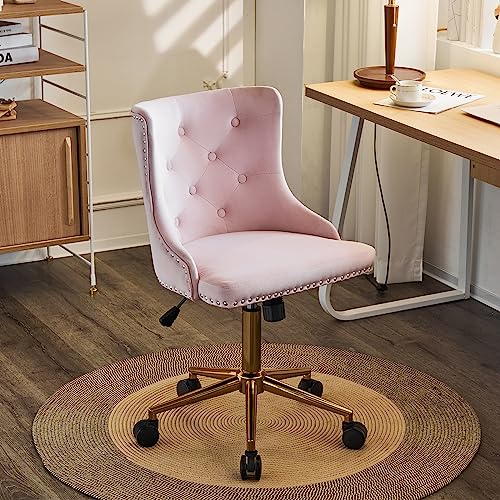VINGLI Velvet Armless Home Office Desk Chair with Gold Base/Wheels,Cute Small Vanity/Makeup Chair with Back for Bedroom, Upholstered Adjustable Rolling Swivel Nail Chair for Women/Girls