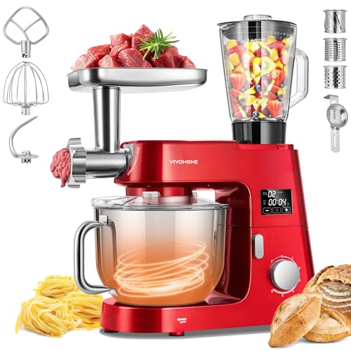 VIVOHOME 9 in 1 Multifunctional Stand Mixer with Fermentation, 6 Speed 7.5 Quart Kitchen Electric Food Mixer with Timer, Meat Grinder, Juice Blender, Vegetable Slicer, Pasta and Cookie Maker, Red