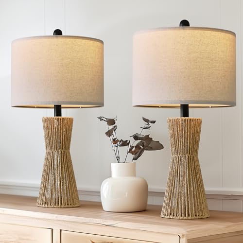 OYEARS 22.5" Table Lamps for Living Room,Boho Lamps Set of 2 for Bedrooms,Natrual Simple Wicker Lamps for Night Stands with Metal & Rattan Base White Fabric Shade,Brown