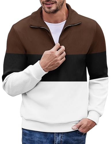 COOFANDY Men's Quarter Zip Up Pullover Mock Neck Long Sleeve Sweater Casual Corduroy Polo Sweatshirt
